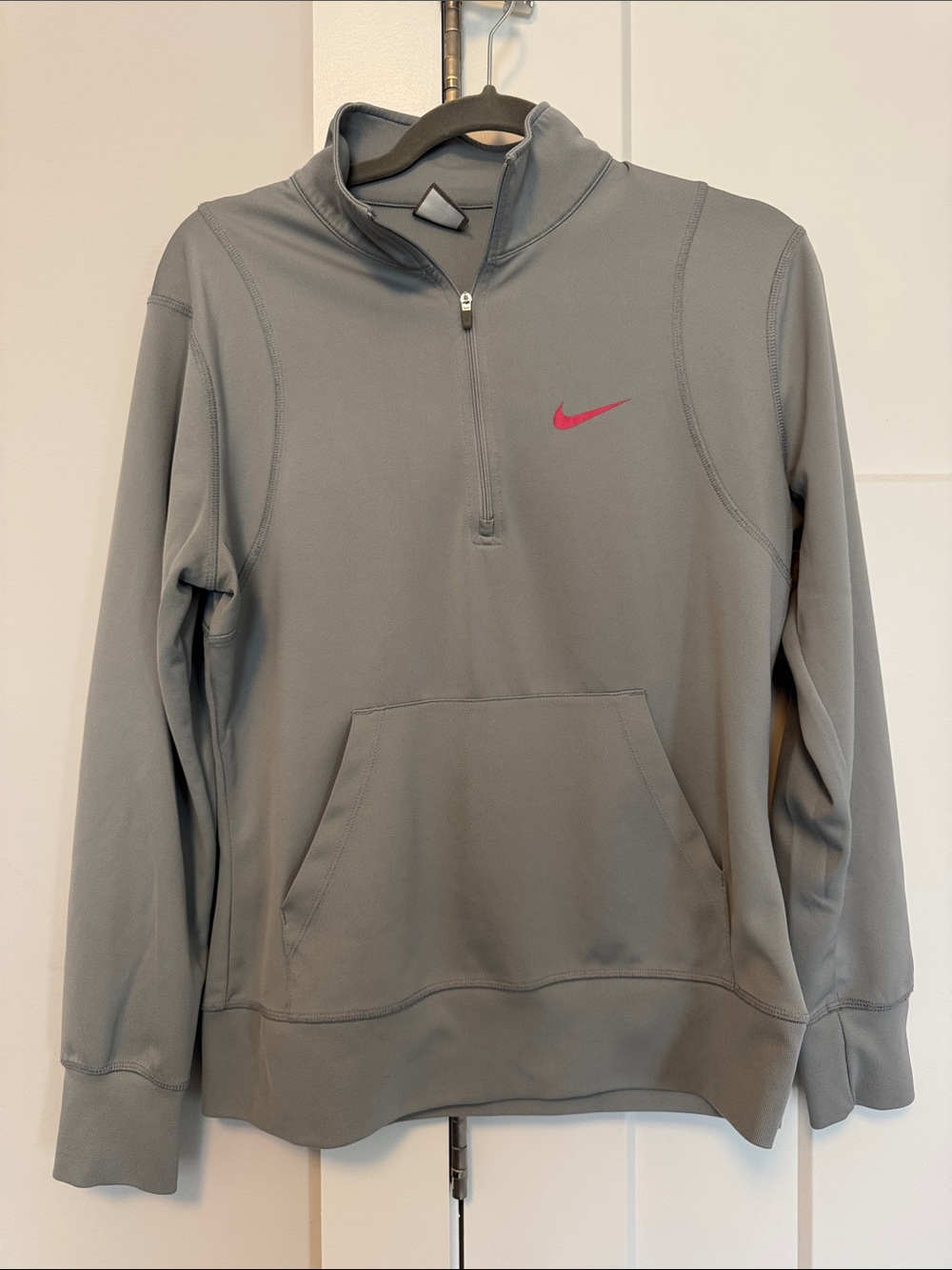 Nike woman’s Gray Half-Zip Pullover with Pink Swoosh